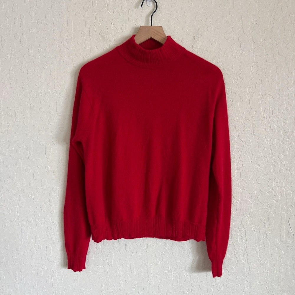Valerie Stevens 100% 2-Ply Cashmere Mock Neck Sweater Large Red Pointelle Collar